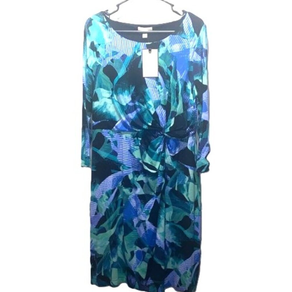 Dana Buchman Blue Green Dress Ruched Waist Long Sleeve Workwear Dress L NWT